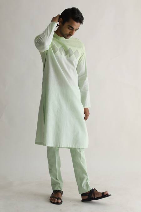 Kaha Green Linen Pintuck Berylg Geometric Detail Kurta With Pant at Aza Fashions Kaha_Green Linen Pintuck Berylg Geometric Detail Kurta With Pant_at_Aza_Fashions