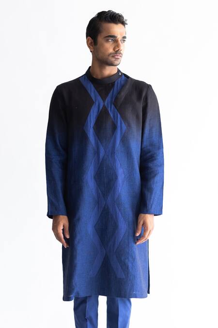 Shop_Kaha_Blue Linen Geometric Ombre-dyed Kurta And Pant Set_Online_at_Aza_Fashions