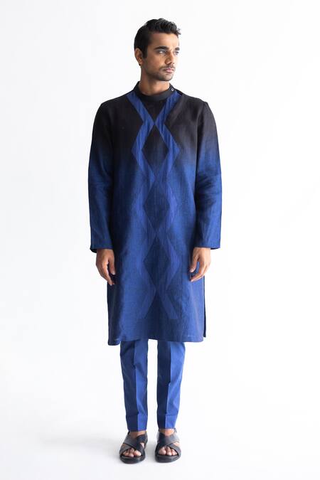 Buy_Kaha_Blue Linen Geometric Ombre-dyed Kurta And Pant Set_Online_at_Aza_Fashions