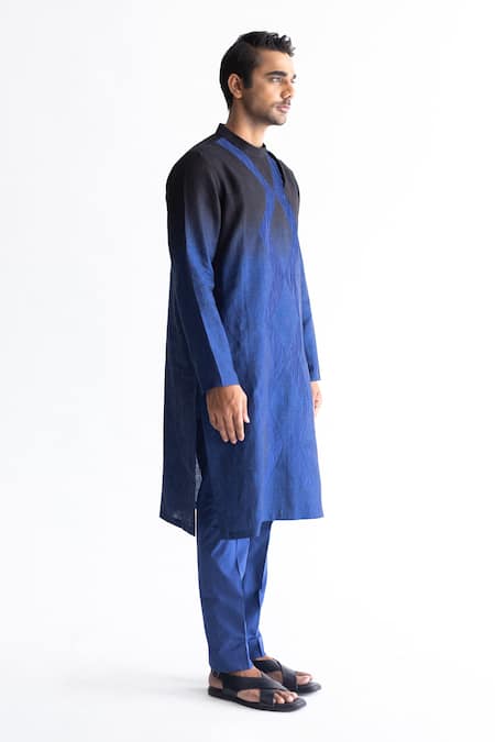 Kaha_Blue Linen Geometric Ombre-dyed Kurta And Pant Set_Online_at_Aza_Fashions