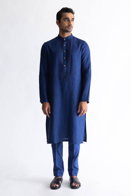 Buy_Kaha_Blue Linen Solid Front-open Kurta_Online_at_Aza_Fashions