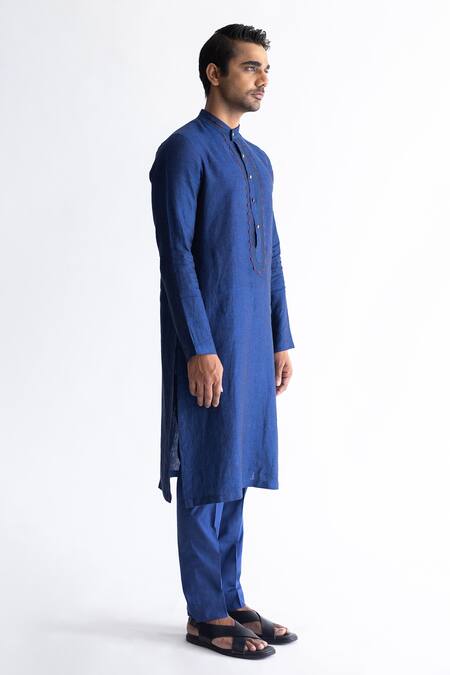 Shop_Kaha_Blue Linen Solid Front-open Kurta_Online_at_Aza_Fashions