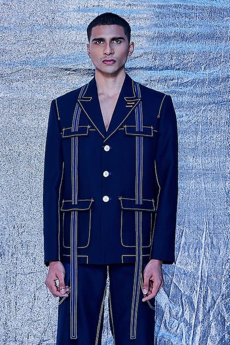 Line Out Line_Blue Cotton Embroidered Thread Stitch Work Notched Collar Safari Jacket_Online_at_Aza_Fashions