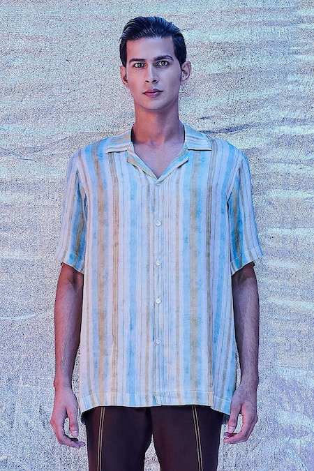Line Out Line_White Bamberg Silk Print Stripe Resort Shirt_Online_at_Aza_Fashions