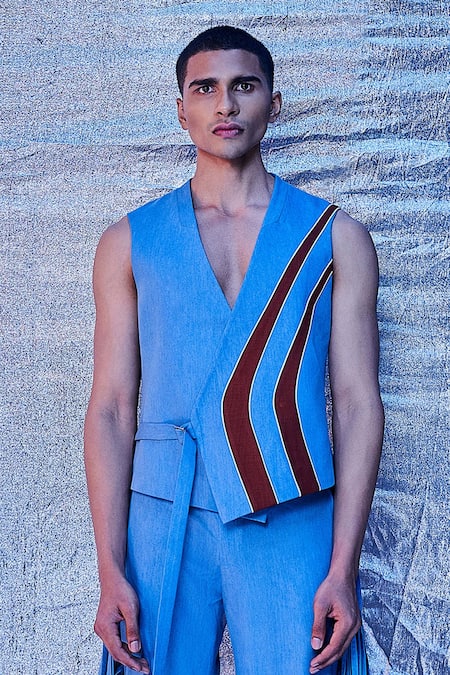 Line Out Line_Blue Denim Streamline Arched Vest Jacket_Online_at_Aza_Fashions