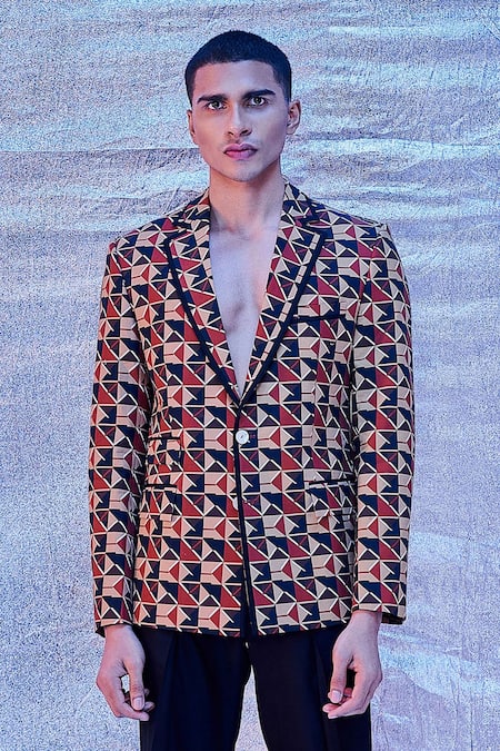 Line Out Line_Brown Cotton Poplin Printed Geometric Blazer_Online_at_Aza_Fashions