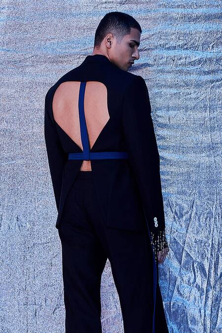 Line Out Line_Black Cotton Plain Cut Work Back Blazer_Online_at_Aza_Fashions