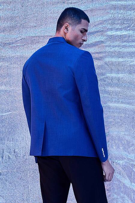 Line Out Line_Blue Cotton Embroidery Moderne Bandhgala_Online_at_Aza_Fashions