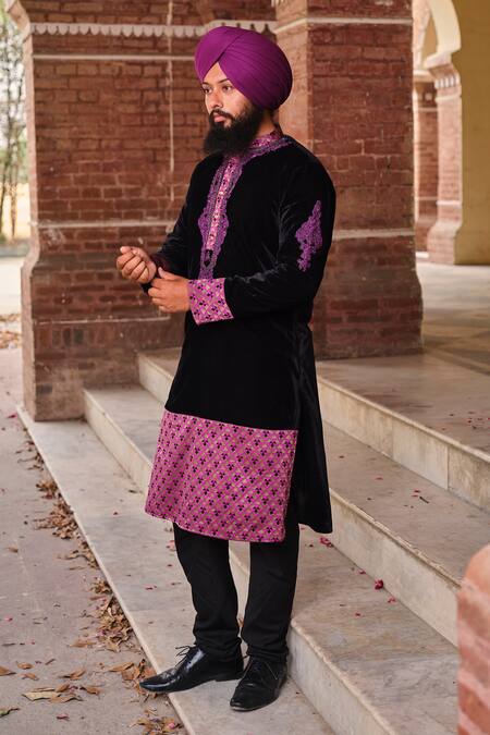 Nitesh Singh Chauhan_Black Velvet And Silk Brocade Dori Work Embroidered Kurta Set _Online_at_Aza_Fashions