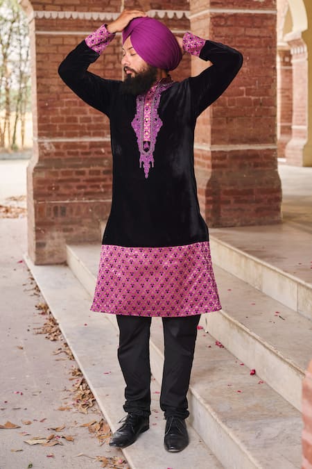 Shop_Nitesh Singh Chauhan_Black Velvet And Silk Brocade Dori Work Embroidered Kurta Set _Online_at_Aza_Fashions