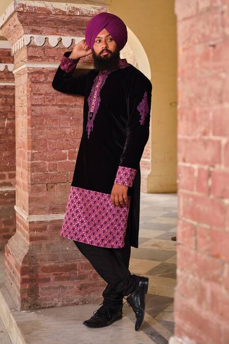 Buy_Nitesh Singh Chauhan_Black Velvet And Silk Brocade Dori Work Embroidered Kurta Set _Online_at_Aza_Fashions