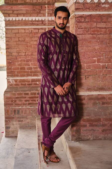 Nitesh Singh Chauhan_Purple Chanderi Art Silk Hand Printed Foil Kurta Set _Online_at_Aza_Fashions