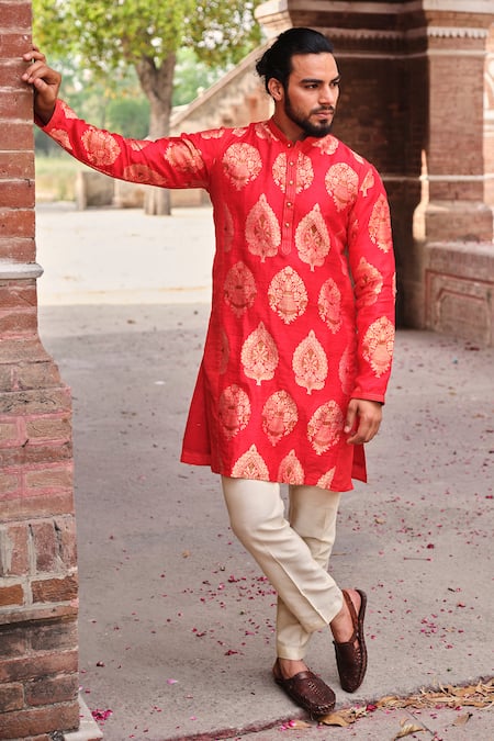 Buy_Nitesh Singh Chauhan_Red Raw , Pure Brocade Kurta And Pant Set _Online_at_Aza_Fashions