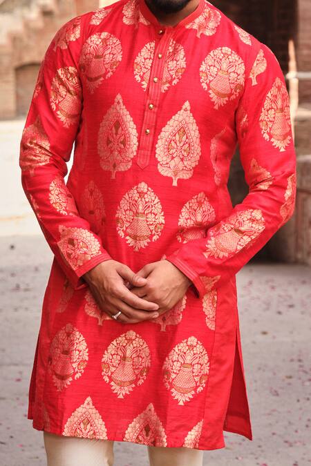 Nitesh Singh Chauhan_Red Raw , Pure Brocade Kurta And Pant Set _at_Aza_Fashions