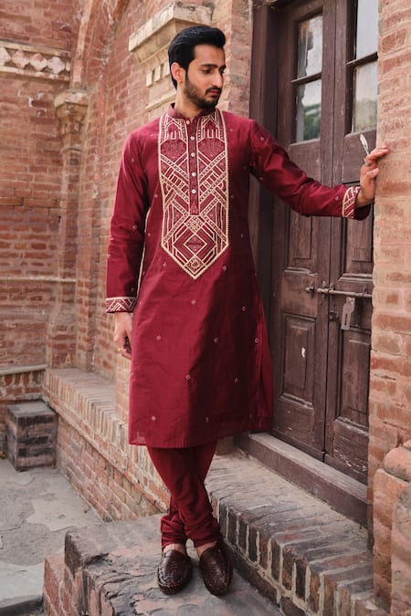 Shop_Nitesh Singh Chauhan_Maroon Chanderi Art Silk Rajasthani Embroidery Kurta Set _Online_at_Aza_Fashions