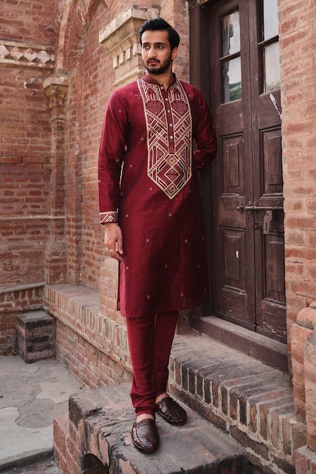 Buy_Nitesh Singh Chauhan_Maroon Chanderi Art Silk Rajasthani Embroidery Kurta Set _Online_at_Aza_Fashions