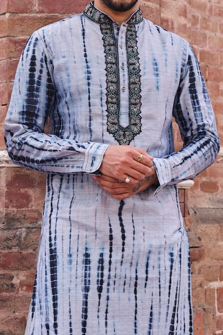 Shop_Nitesh Singh Chauhan_Grey Art Silk Tie And Dye Kurta Set _Online_at_Aza_Fashions