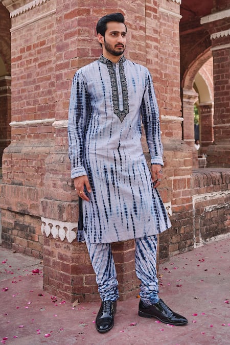 Buy_Nitesh Singh Chauhan_Grey Art Silk Tie And Dye Kurta Set _Online_at_Aza_Fashions