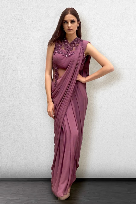 Jade By Ashima Purple Dupion Silk Embroidery Round Draped Saree Gown