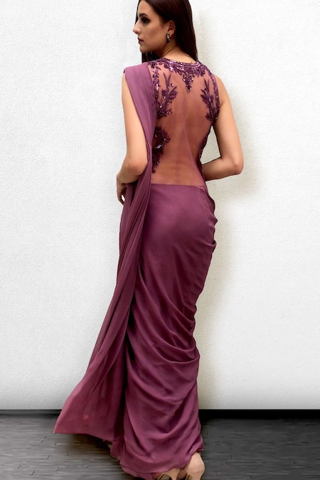 Shop Jade By Ashima Purple Georgette, Dupion Silk Round Draped Saree Gown at Aza Fashions Shop_Jade By Ashima_Purple Georgette, Dupion Silk Round Draped Saree Gown_at_Aza_Fashions