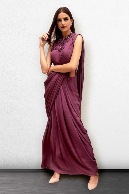 Jade By Ashima Purple Georgette, Dupion Silk Round Draped Saree Gown Online at Aza Fashions Jade By Ashima_Purple Georgette, Dupion Silk Round Draped Saree Gown_Online_at_Aza_Fashions