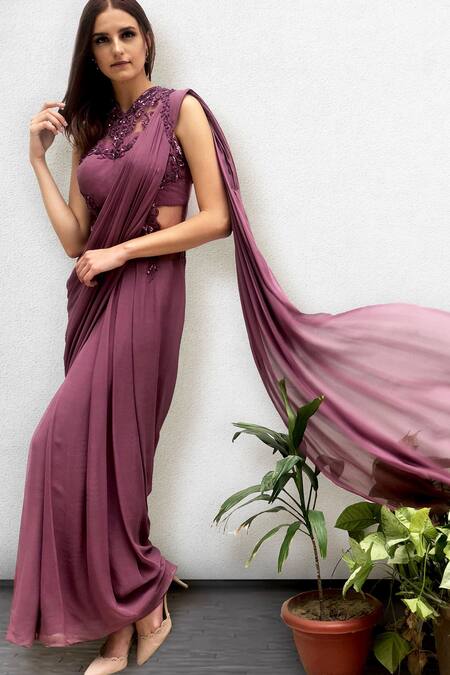 Buy Jade By Ashima Purple Georgette, Dupion Silk Round Draped Saree Gown Online at Aza Fashions Buy_Jade By Ashima_Purple Georgette, Dupion Silk Round Draped Saree Gown_Online_at_Aza_Fashions