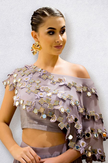 Jade By Ashima_Purple Blouse Dupion Silk Lehenga Georgette Asymmetric Off Shoulder And Set _Online_at_Aza_Fashions