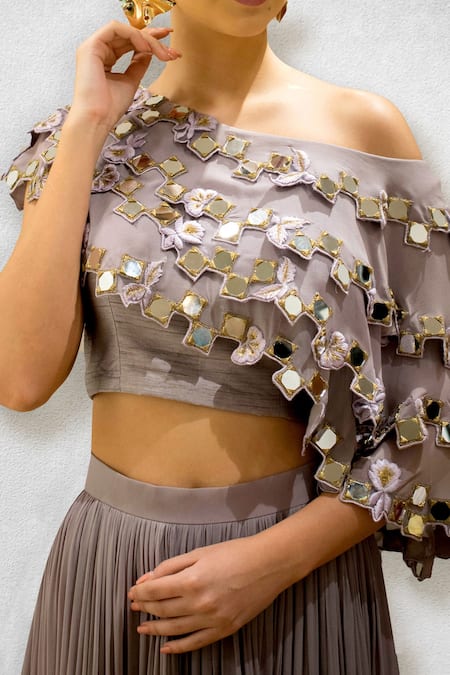 Buy_Jade By Ashima_Purple Blouse Dupion Silk Lehenga Georgette Asymmetric Off Shoulder And Set _Online_at_Aza_Fashions