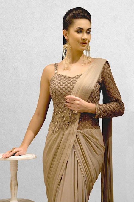 Jade By Ashima_Beige Georgette, Dupion Silk V Neck Draped Saree Gown _Online_at_Aza_Fashions