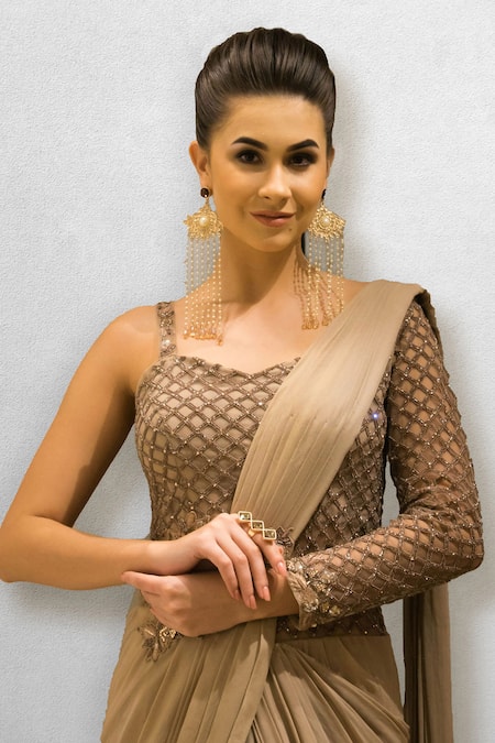 Buy_Jade By Ashima_Beige Georgette, Dupion Silk V Neck Draped Saree Gown _Online_at_Aza_Fashions