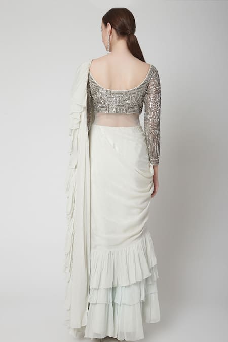 Shop_Jade By Ashima_Blue Silk Crepe Embroidery Round Draped Ruffle Saree Gown _at_Aza_Fashions