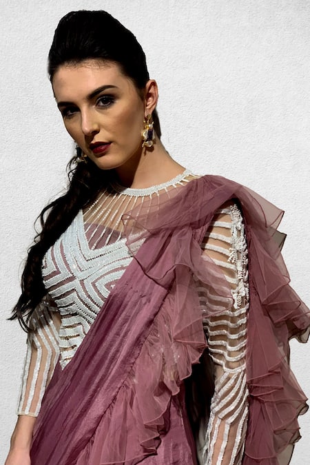 Jade By Ashima_Pink Net, Silk Crepe Round Draped Ruffle Saree Gown _Online_at_Aza_Fashions