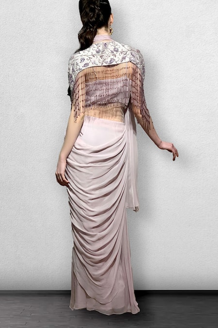 Shop Jade By Ashima Purple Net, Georgette Round Pre-stitched Saree Gown With Cape at Aza Fashions Shop_Jade By Ashima_Purple Net, Georgette Round Pre-stitched Saree Gown With Cape_at_Aza_Fashions