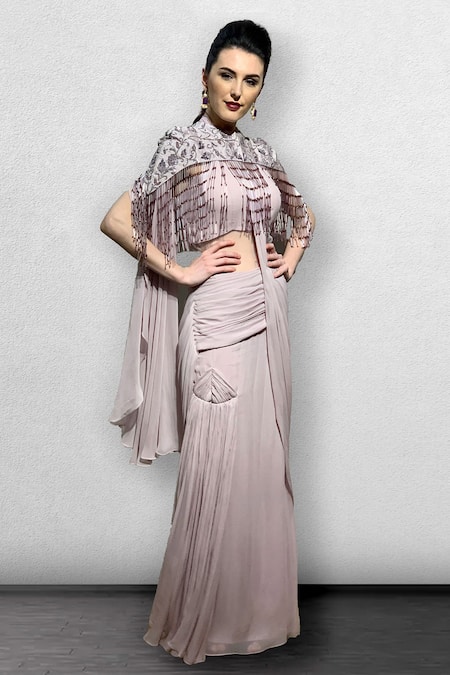 Jade By Ashima Purple Net, Georgette Round Pre-stitched Saree Gown With Cape Online at Aza Fashions Jade By Ashima_Purple Net, Georgette Round Pre-stitched Saree Gown With Cape_Online_at_Aza_Fashions