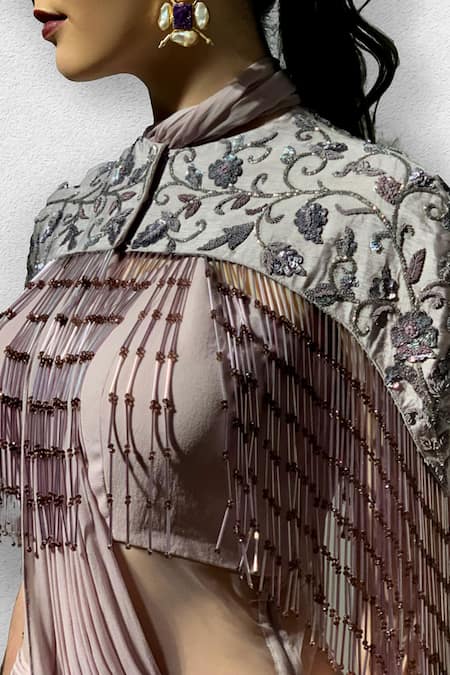 Buy Jade By Ashima Purple Net, Georgette Round Pre-stitched Saree Gown With Cape Online at Aza Fashions Buy_Jade By Ashima_Purple Net, Georgette Round Pre-stitched Saree Gown With Cape_Online_at_Aza_Fashions