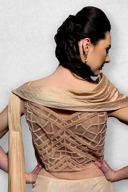 Jade By Ashima_Peach Net, Crepe Silk Pre-stitched Saree Gown With Cape _Online_at_Aza_Fashions