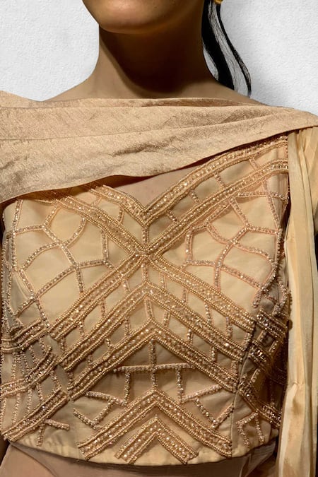 Buy_Jade By Ashima_Peach Net, Crepe Silk Pre-stitched Saree Gown With Cape _Online_at_Aza_Fashions