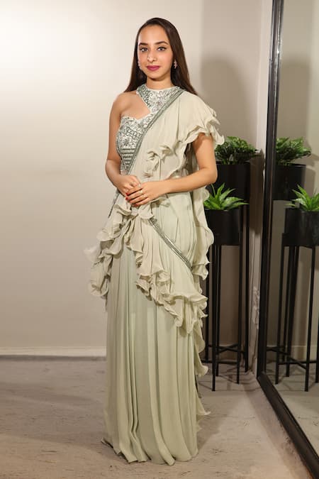 Shop_Jade By Ashima_Green Crepe, Silk Dupion One Shoulder Pre-draped Ruffle Saree With Blouse _at_Aza_Fashions