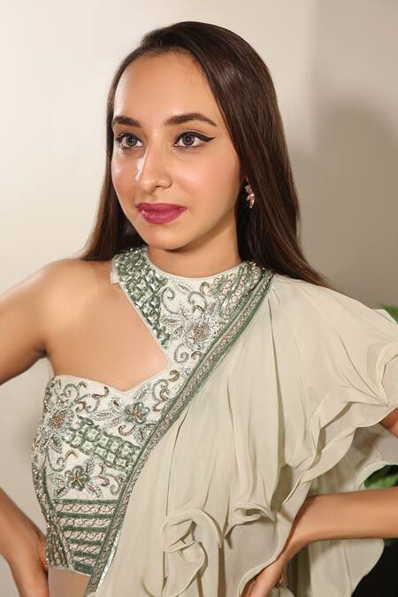 Jade By Ashima_Green Crepe, Silk Dupion One Shoulder Pre-draped Ruffle Saree With Blouse _Online_at_Aza_Fashions