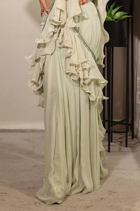 Buy_Jade By Ashima_Green Crepe, Silk Dupion One Shoulder Pre-draped Ruffle Saree With Blouse _Online_at_Aza_Fashions