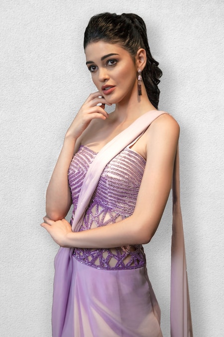 Jade By Ashima_Purple Net, Georgette Draped Bandeau Saree Gown _Online_at_Aza_Fashions