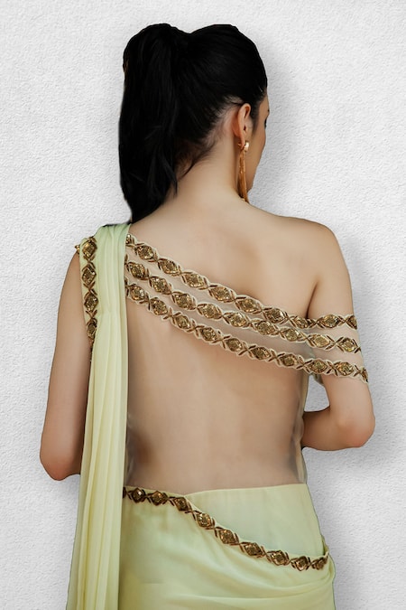 Buy_Jade By Ashima_Yellow Net, Georgette Asymmetric Draped One Shoulder Saree Gown _Online_at_Aza_Fashions