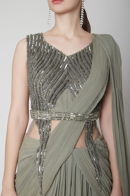 Jade By Ashima_Green Net Embroidery V Neck Pre-draped Saree Gown _Online_at_Aza_Fashions