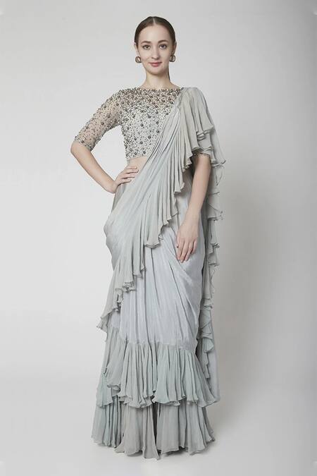 Shop_Jade By Ashima_Blue Crepe Embroidery Round Draped Ruffle Saree Gown _at_Aza_Fashions