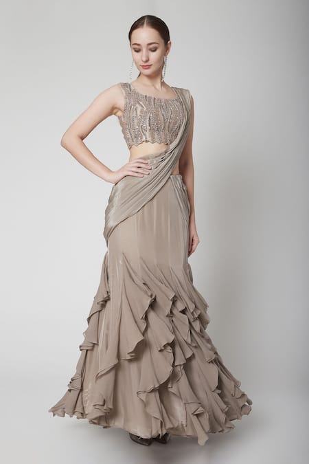 Jade By Ashima_Grey Blouse Dupion  Saree Crepe Round Draped Ruffle With _Online_at_Aza_Fashions