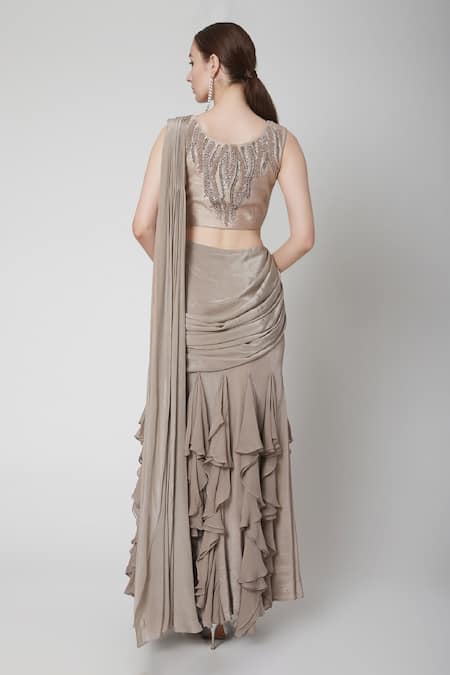 Shop_Jade By Ashima_Grey Blouse Dupion  Saree Crepe Round Draped Ruffle With _at_Aza_Fashions