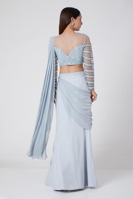 Shop Jade By Ashima Blue Net, Crepe, Georgette Round Pre-draped Saree With Blouse at Aza Fashions Shop_Jade By Ashima_Blue Net, Crepe, Georgette Round Pre-draped Saree With Blouse_at_Aza_Fashions