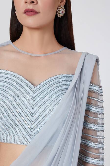 Jade By Ashima Blue Net, Crepe, Georgette Round Pre-draped Saree With Blouse Online at Aza Fashions Jade By Ashima_Blue Net, Crepe, Georgette Round Pre-draped Saree With Blouse_Online_at_Aza_Fashions