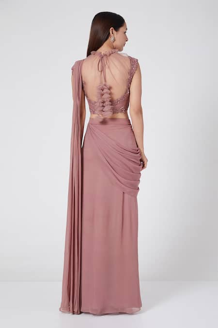 Shop Jade By Ashima Purple Net, Georgette Round Pre-draped Saree With Blouse at Aza Fashions Shop_Jade By Ashima_Purple Net, Georgette Round Pre-draped Saree With Blouse _at_Aza_Fashions