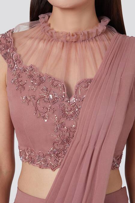 Jade By Ashima Purple Net, Georgette Round Pre-draped Saree With Blouse Online at Aza Fashions Jade By Ashima_Purple Net, Georgette Round Pre-draped Saree With Blouse _Online_at_Aza_Fashions